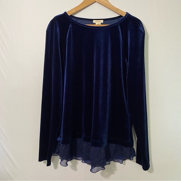 Sundance Large‎ Blue Velvet Long Sleeve Top with Lace Hem Boho Romantic - Picture 1 of 9